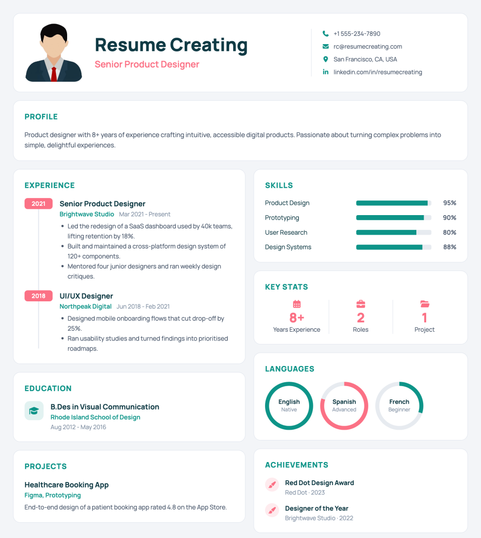 Bento Dashboard resume template preview