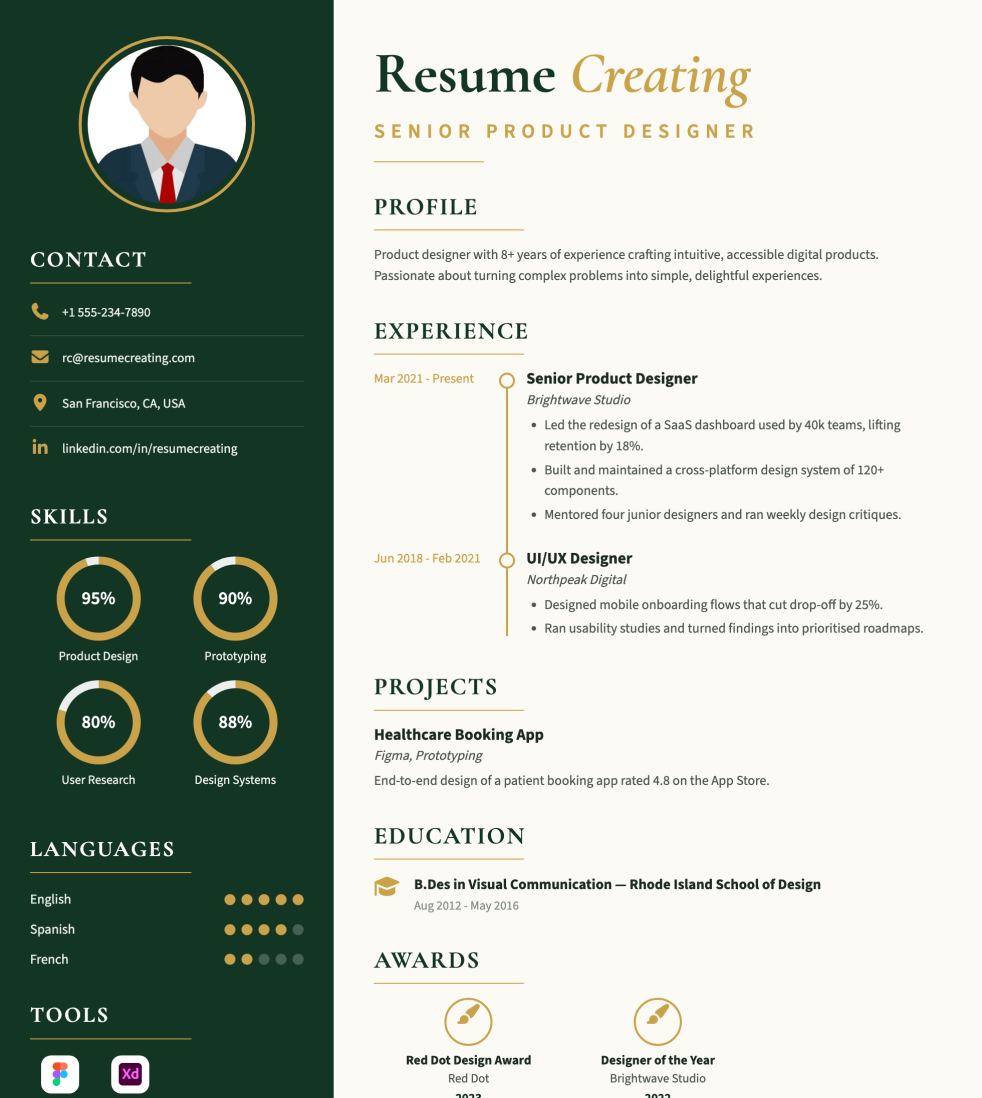 Forest Gold resume template preview