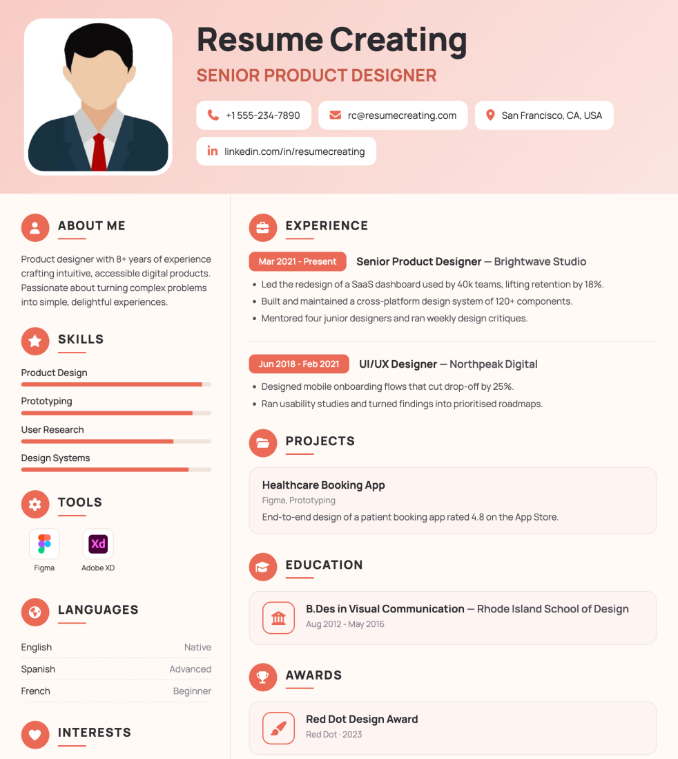 Coral Studio resume template preview