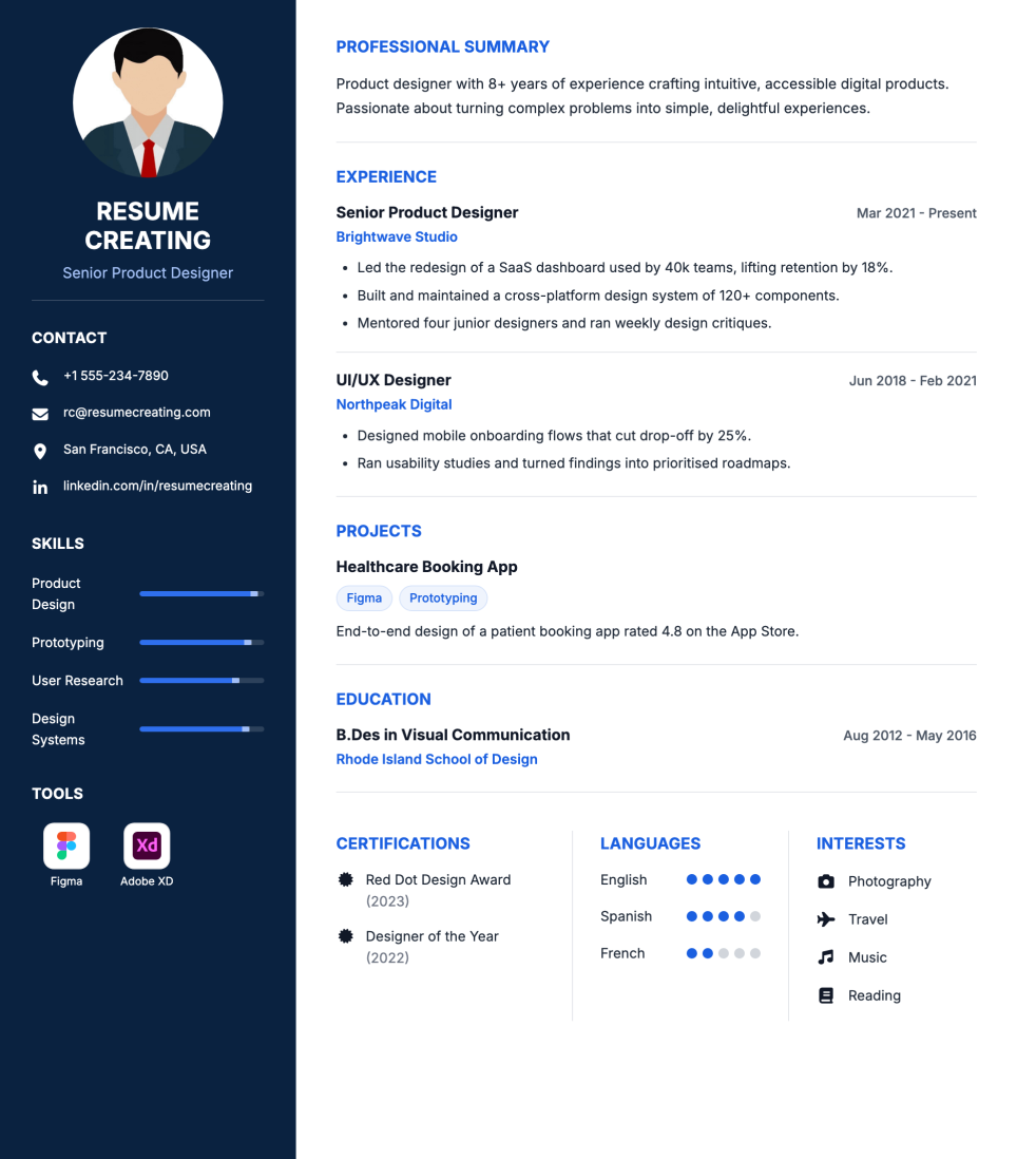 Navy Professional resume template preview