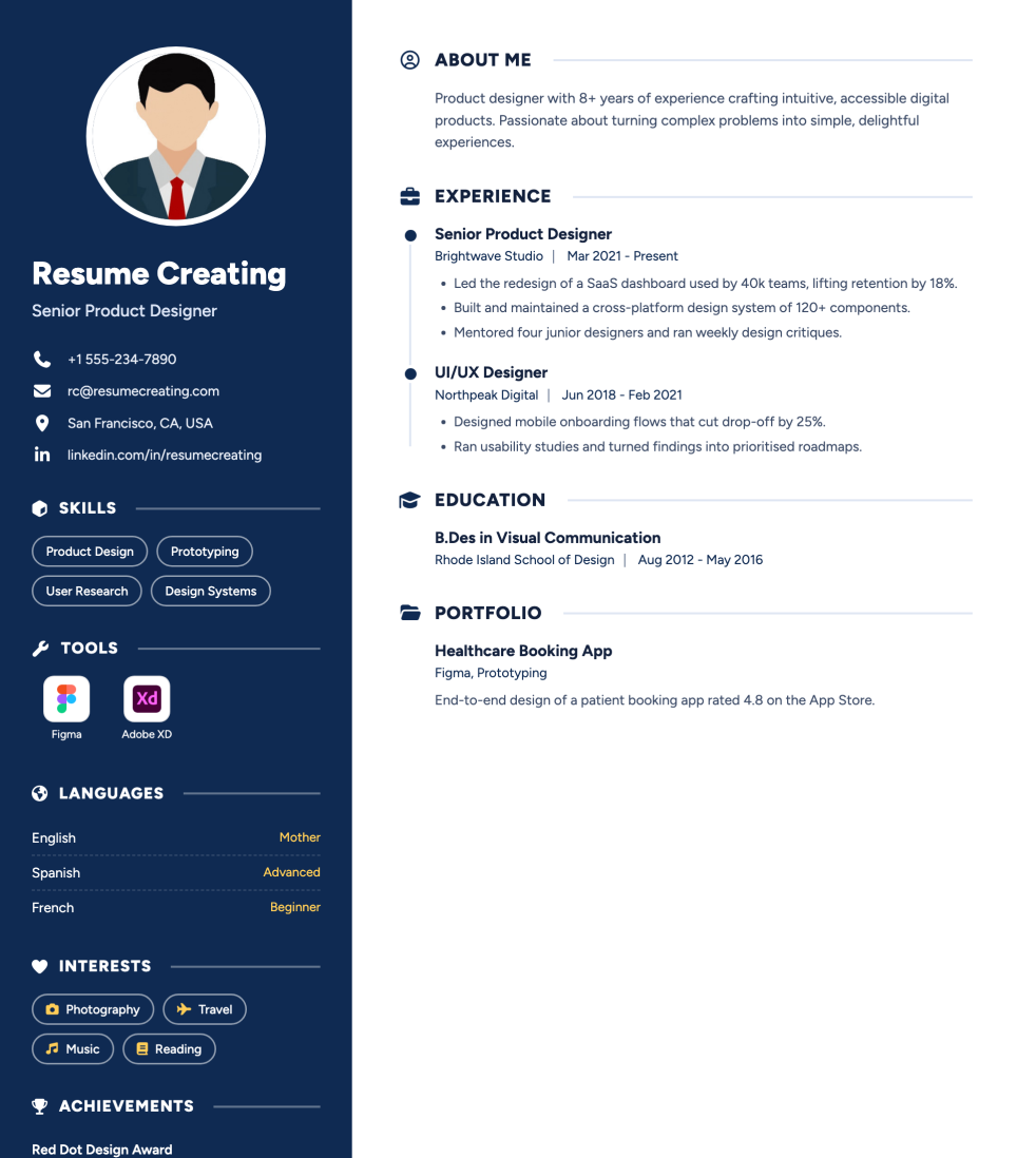 Navy Sidebar resume template preview
