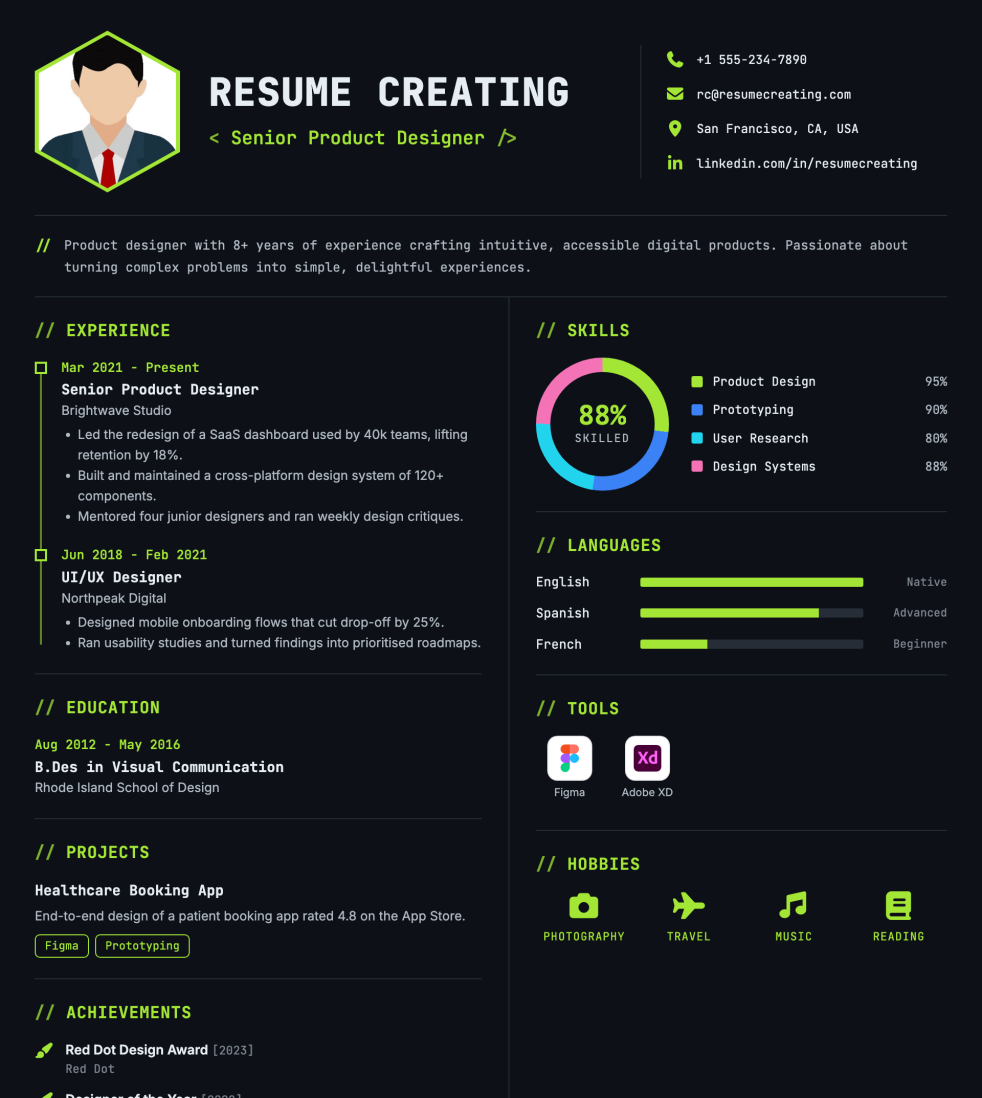 Neon Terminal resume template preview