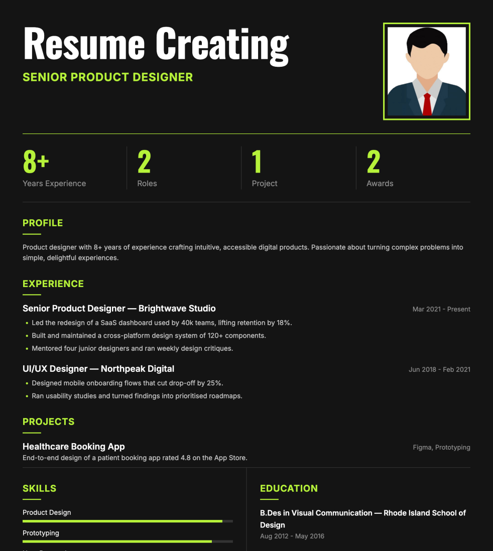 Dark Impact resume template preview