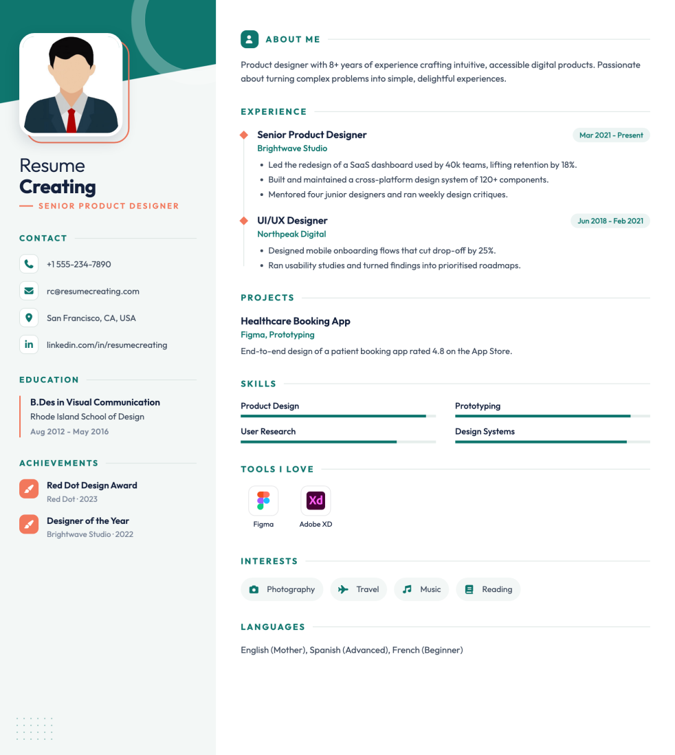 Teal Coral resume template preview