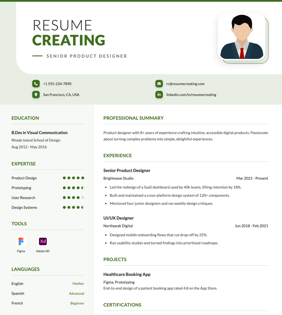 Sage Green resume template preview