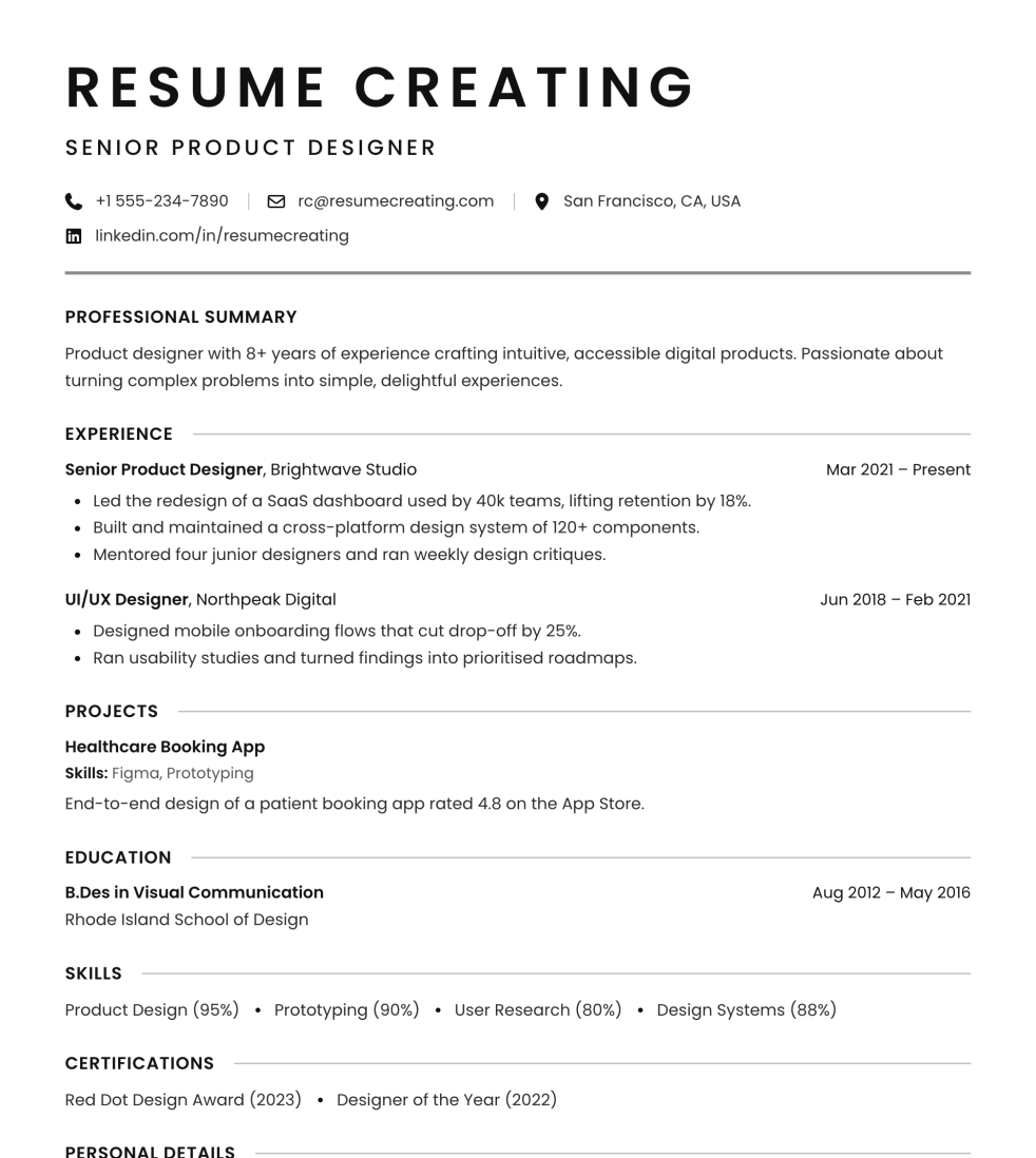 Monochrome Classic resume template preview