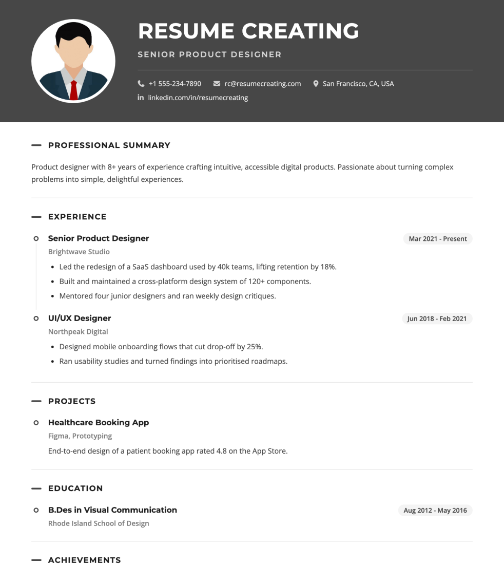 Charcoal Banner resume template preview