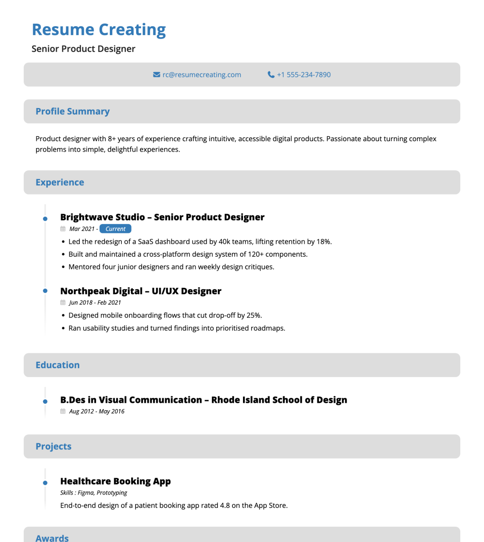 Clean Sections resume template preview