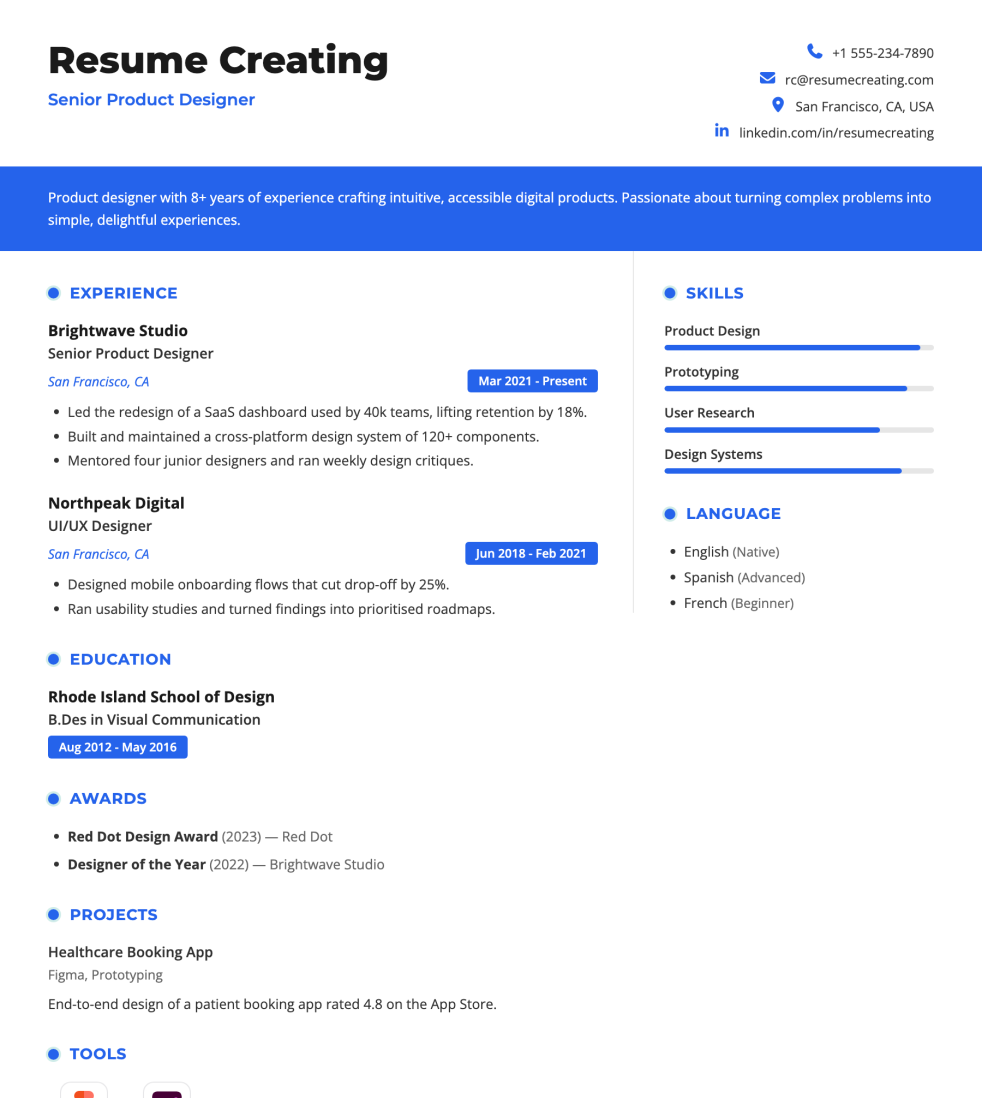 Teal Horizon resume template preview — Medium–High ATS fit, No photo required layout