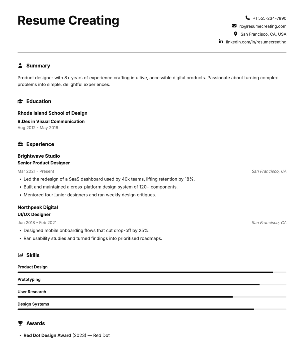 Mono Professional resume template preview — High ATS fit, No photo required layout