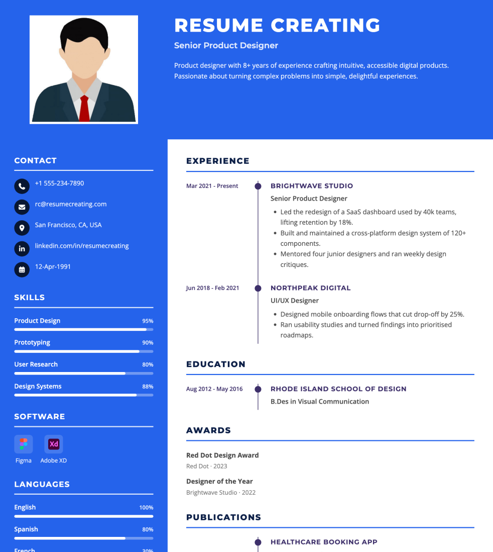 Sunset Sidebar resume template preview — Medium ATS fit, Photo template layout