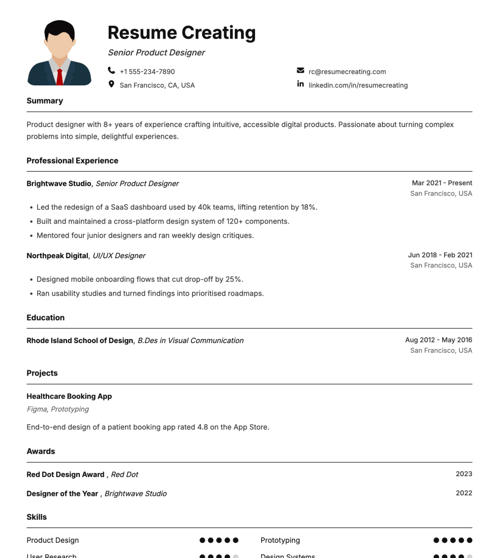 Portrait Dots resume template preview — Medium–High ATS fit, Photo template layout