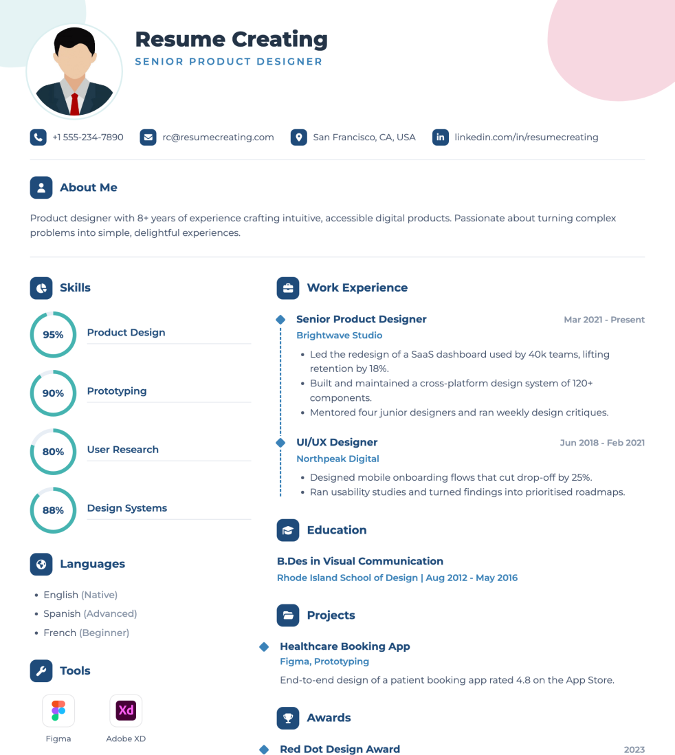Pastel Soft resume template preview — Medium ATS fit, Photo template layout