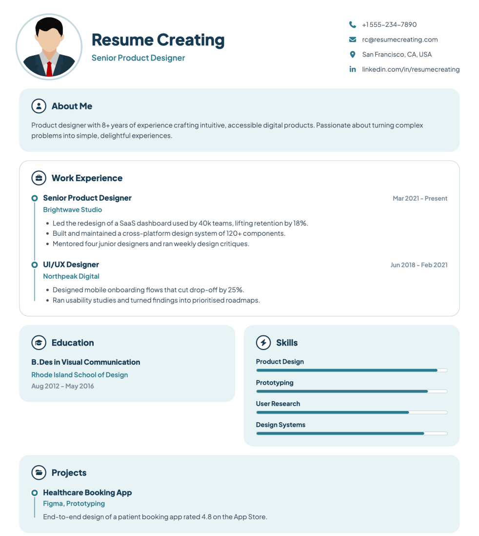 Aqua Panels resume template preview — Medium–High ATS fit, Photo template layout