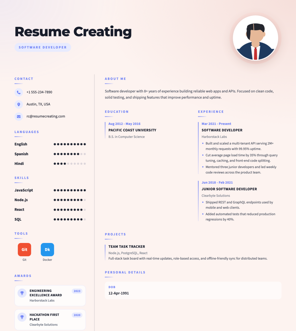 Blush Portrait resume template preview — Medium ATS fit, Photo template layout