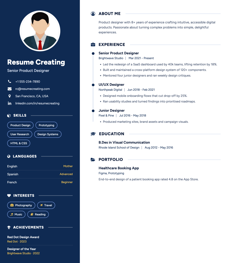 Navy Creative resume template preview